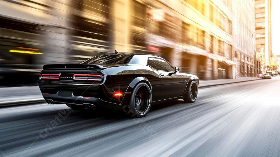 Carro muscle preto em alta velocidade rua urbana iluminada pelo sol