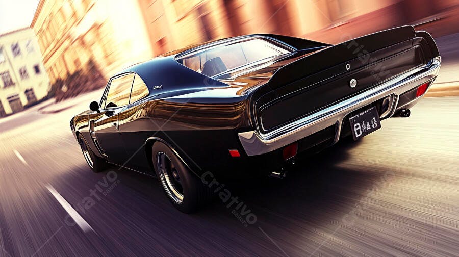 Carro clássico Dodge Charger preto na rua urbana em alta velocidade
