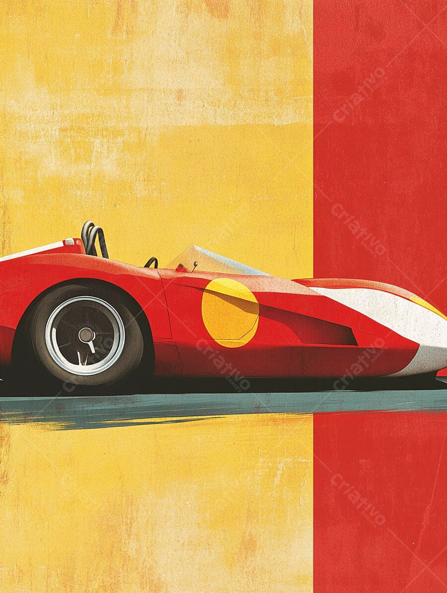 Carro de corrida clássico vermelho ilustração com fundo amarelo e vermelho vibrante
