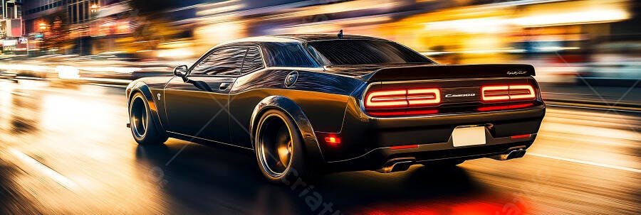 Dodge Challenger preto acelerando em rua urbana noturna com motion blur
