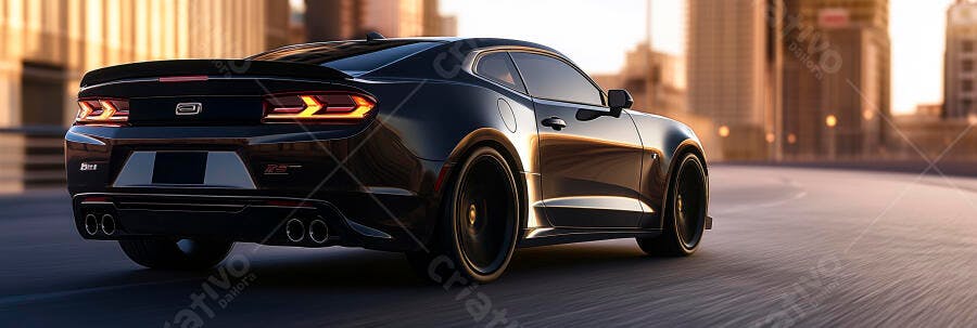 Carro esportivo preto Camaro dirigindo na cidade ao entardecer