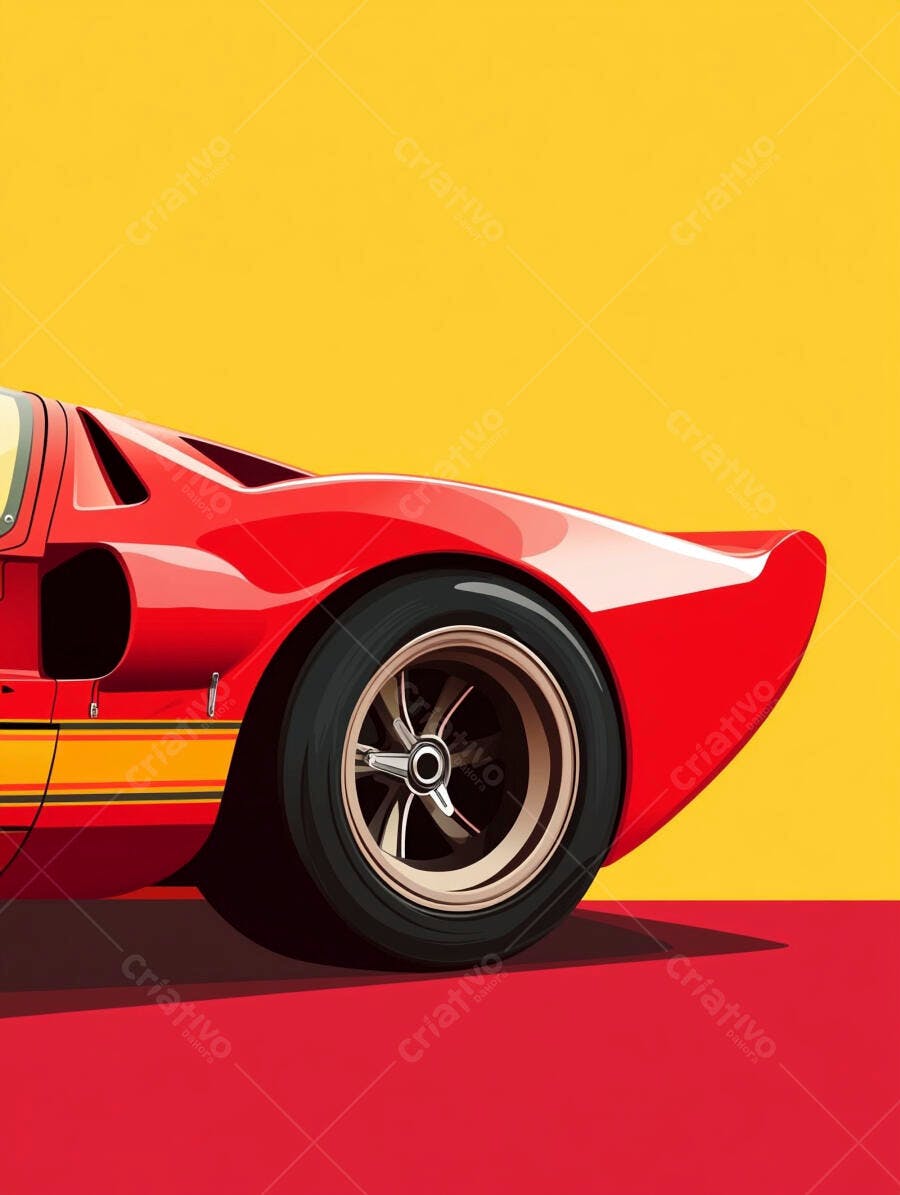 Carro esportivo clássico vermelho com listras amarelas em arte vetorial vibrante