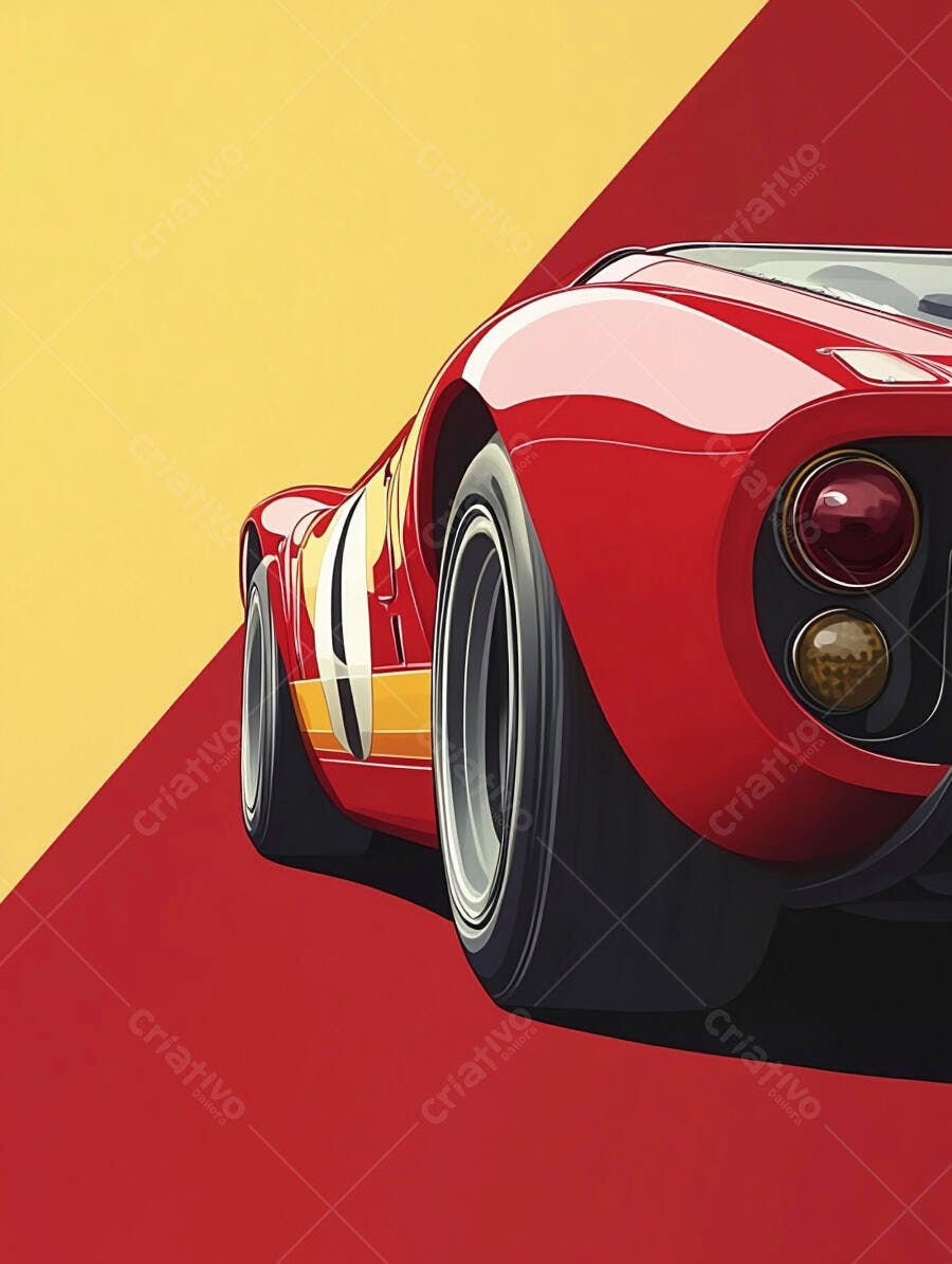 Carro esportivo vermelho clássico em design retrô com fundo amarelo e vermelho