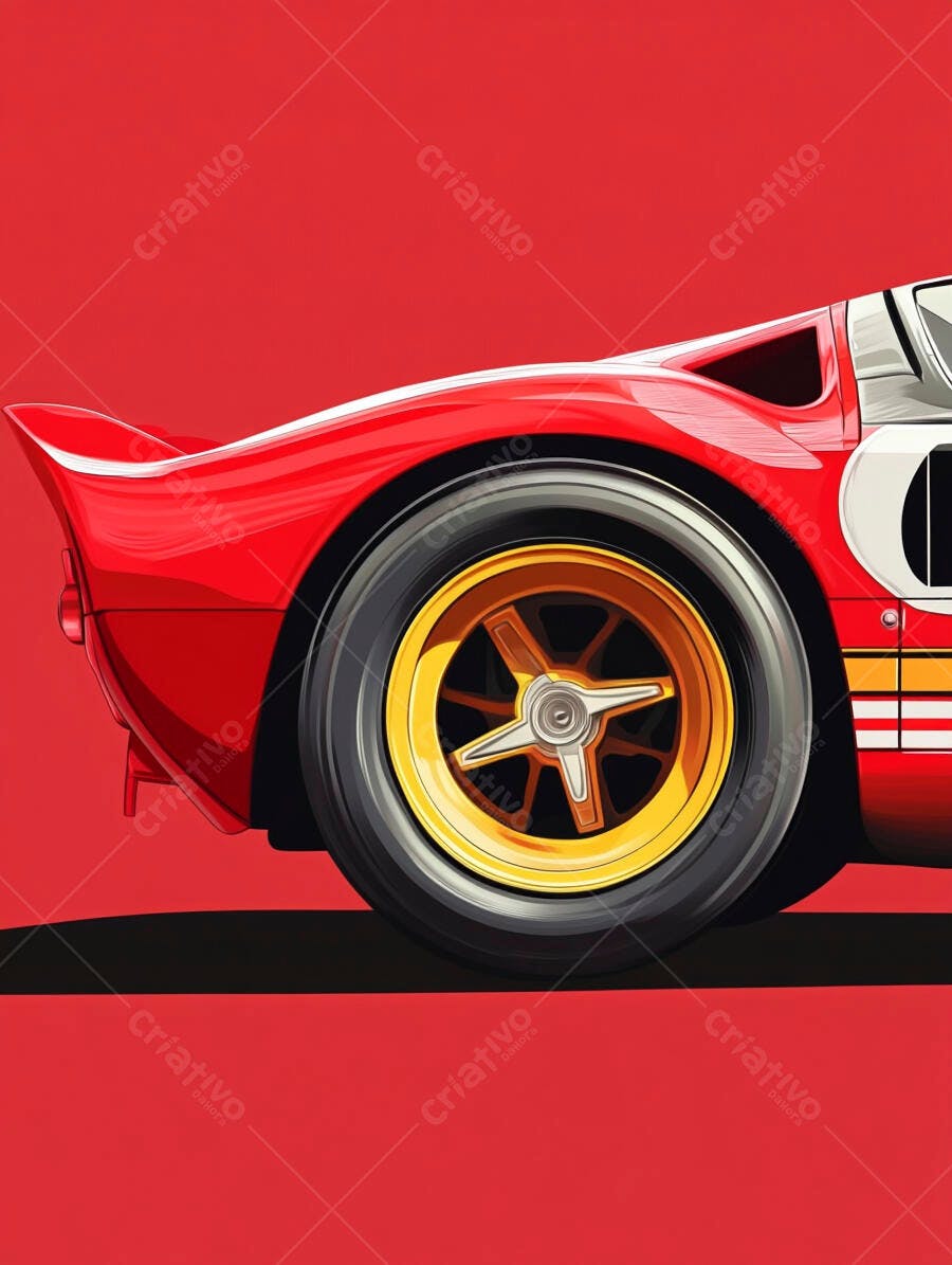 Carro esportivo vintage vermelho com rodas douradas em fundo vibrante