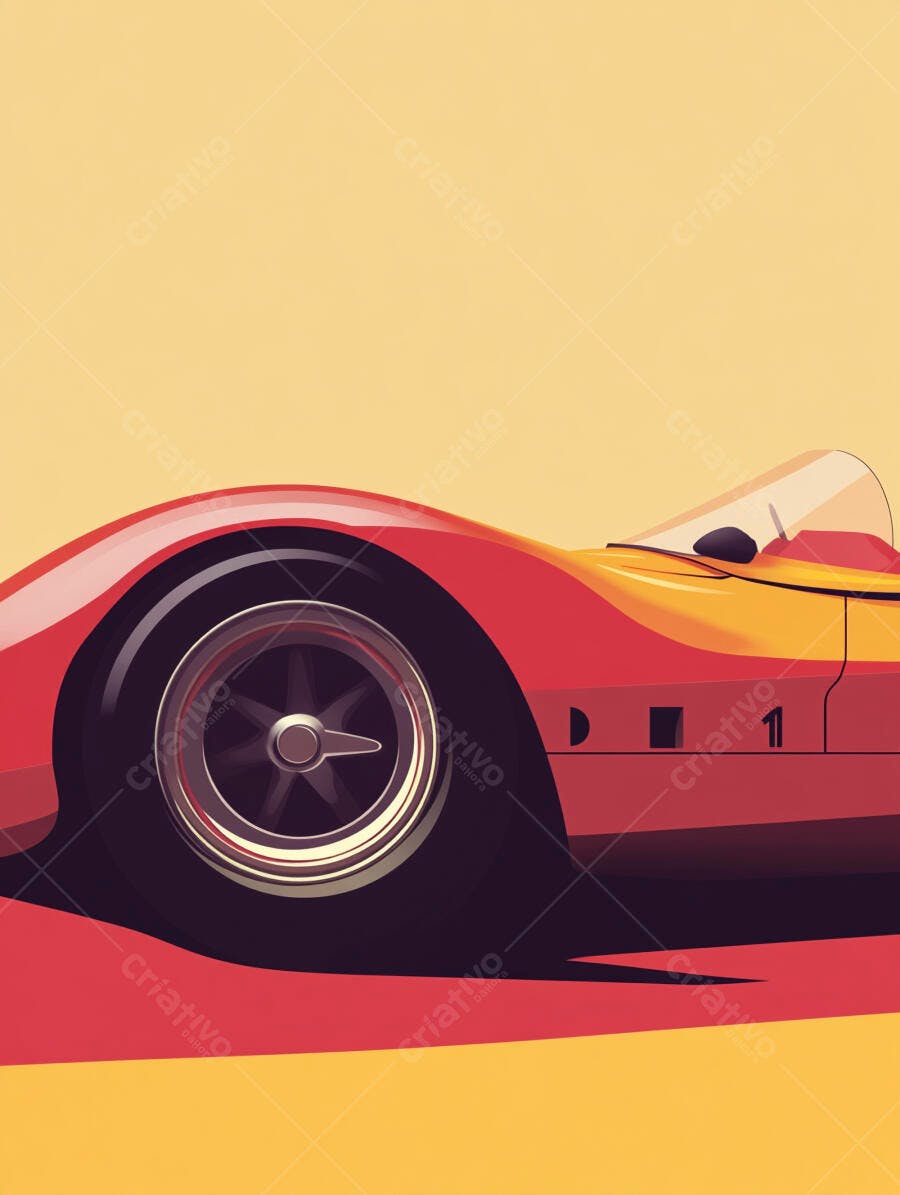 Carro de corrida clássico em vermelho e amarelo com fundo bege