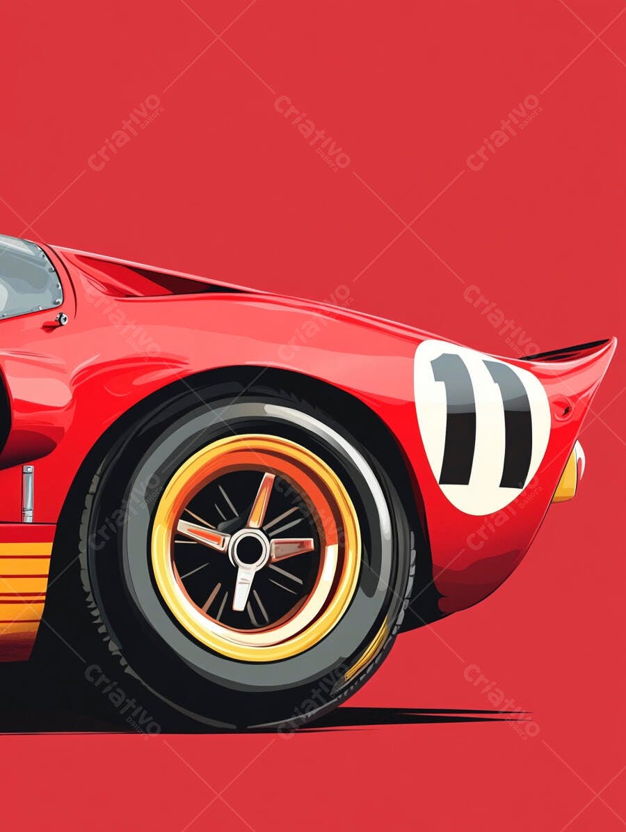 Carro de corrida clássico vermelho com número 11 e roda dourada vista lateral