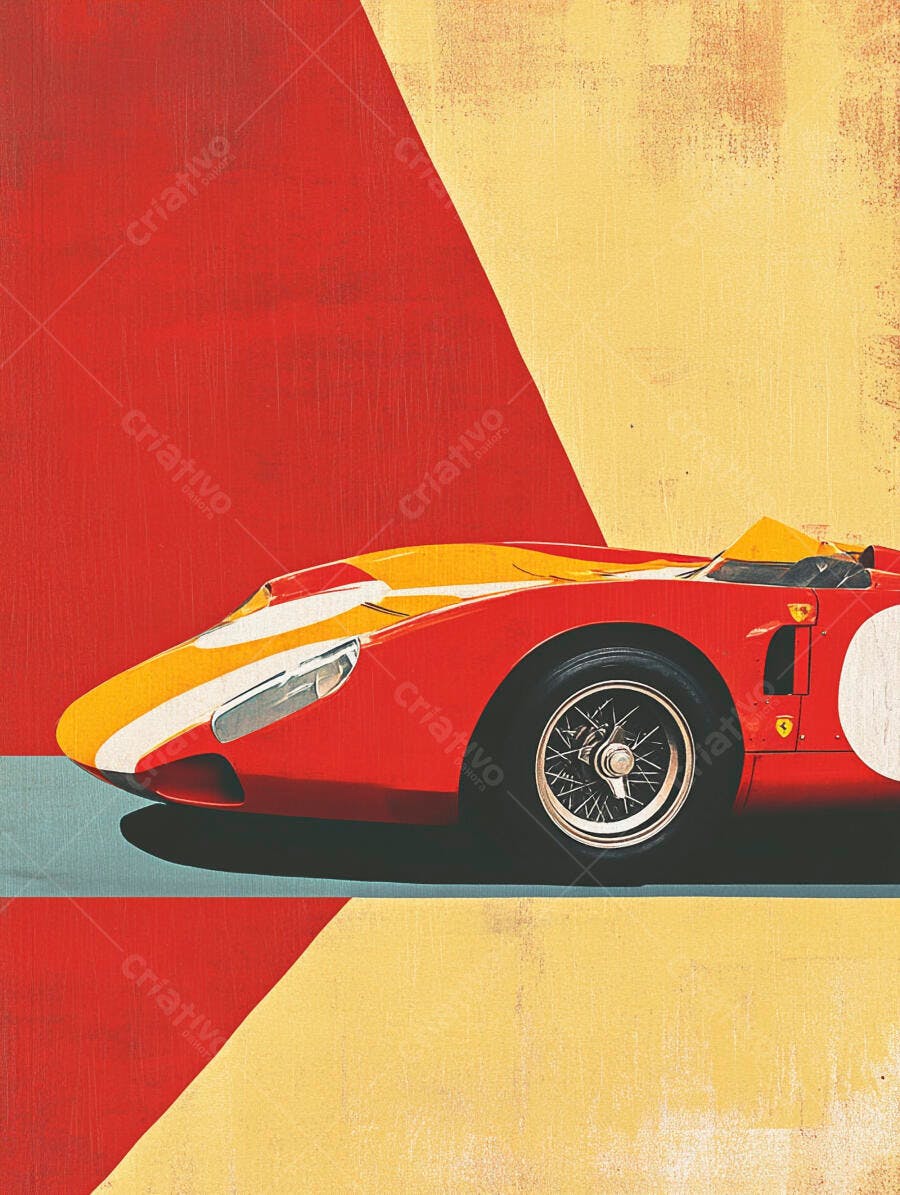 Carro de corrida vintage vermelho e amarelo estilo pôster retrô