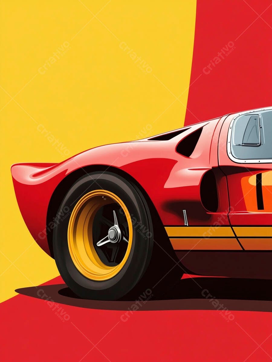 Carro esportivo vintage vermelho Ford GT40 em ilustração vibrante amarela e vermelha