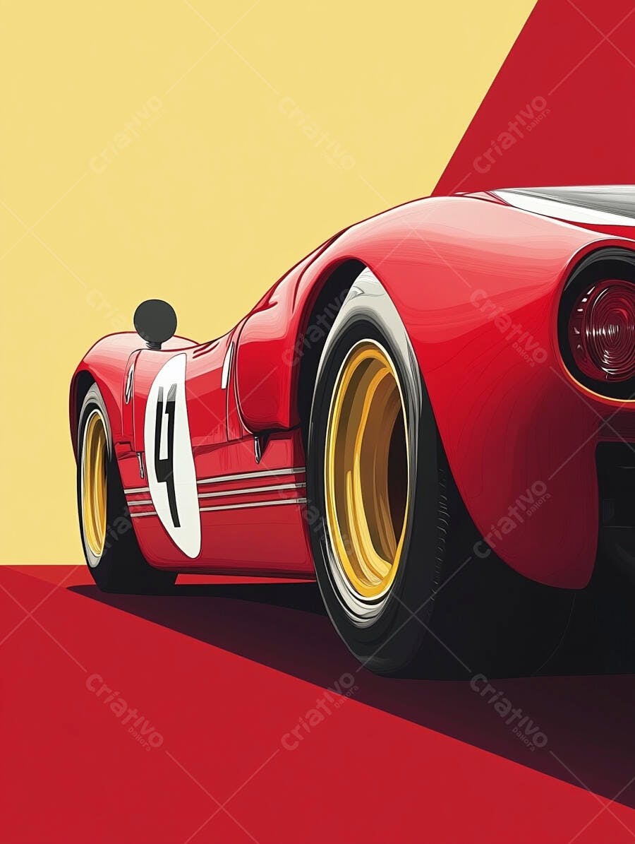 Carro de corrida clássico vermelho com rodas douradas em fundo geométrico