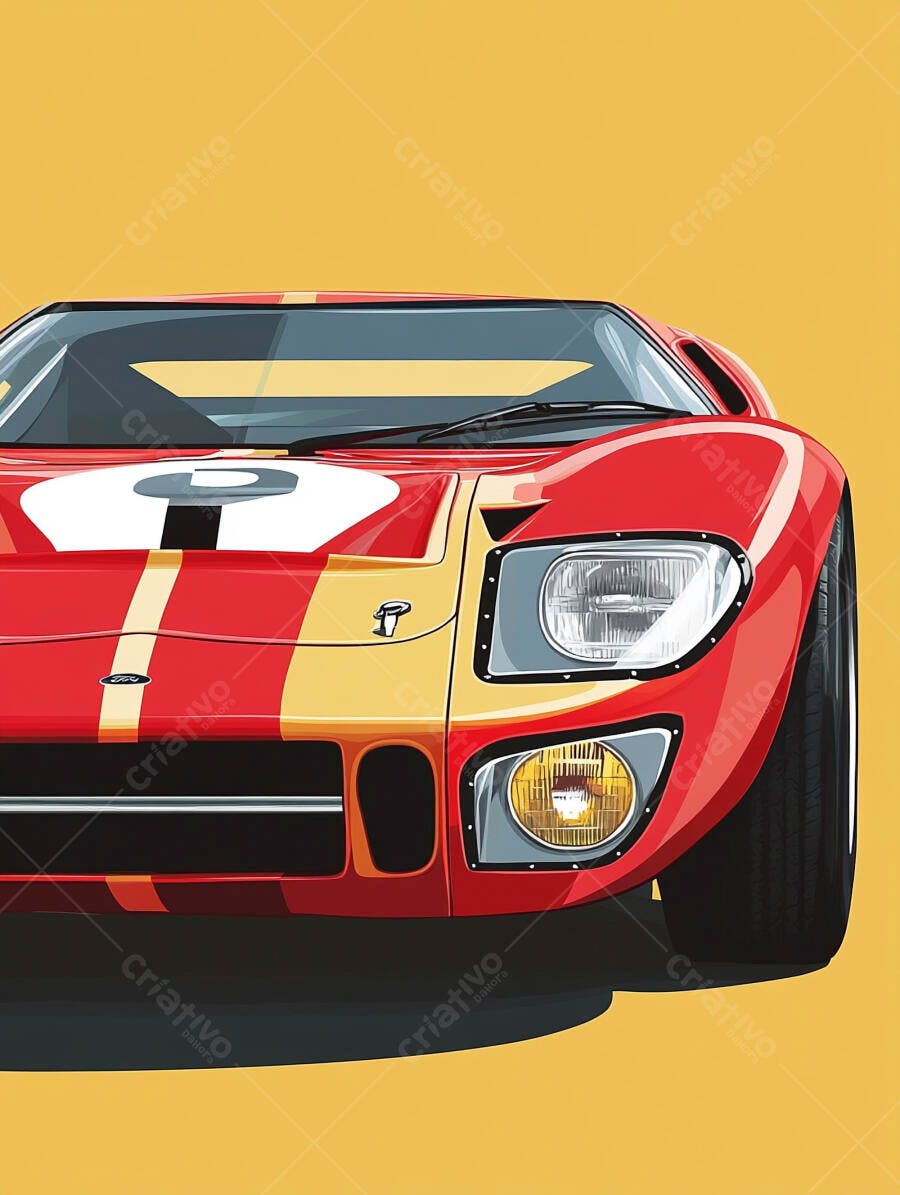 Carro esportivo vermelho com listras amarelas e número em fundo vibrante