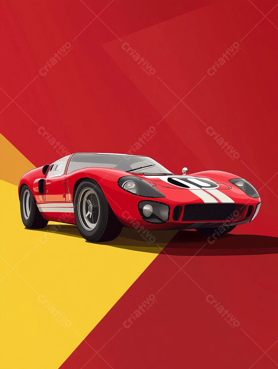 Carro esportivo clássico vermelho com listras brancas fundo bicolor vibrante