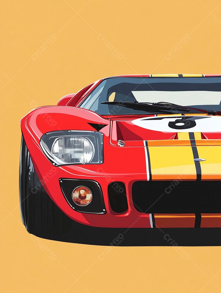Carro de corrida clássico vermelho com faixas amarelas ilustração em fundo amarelo