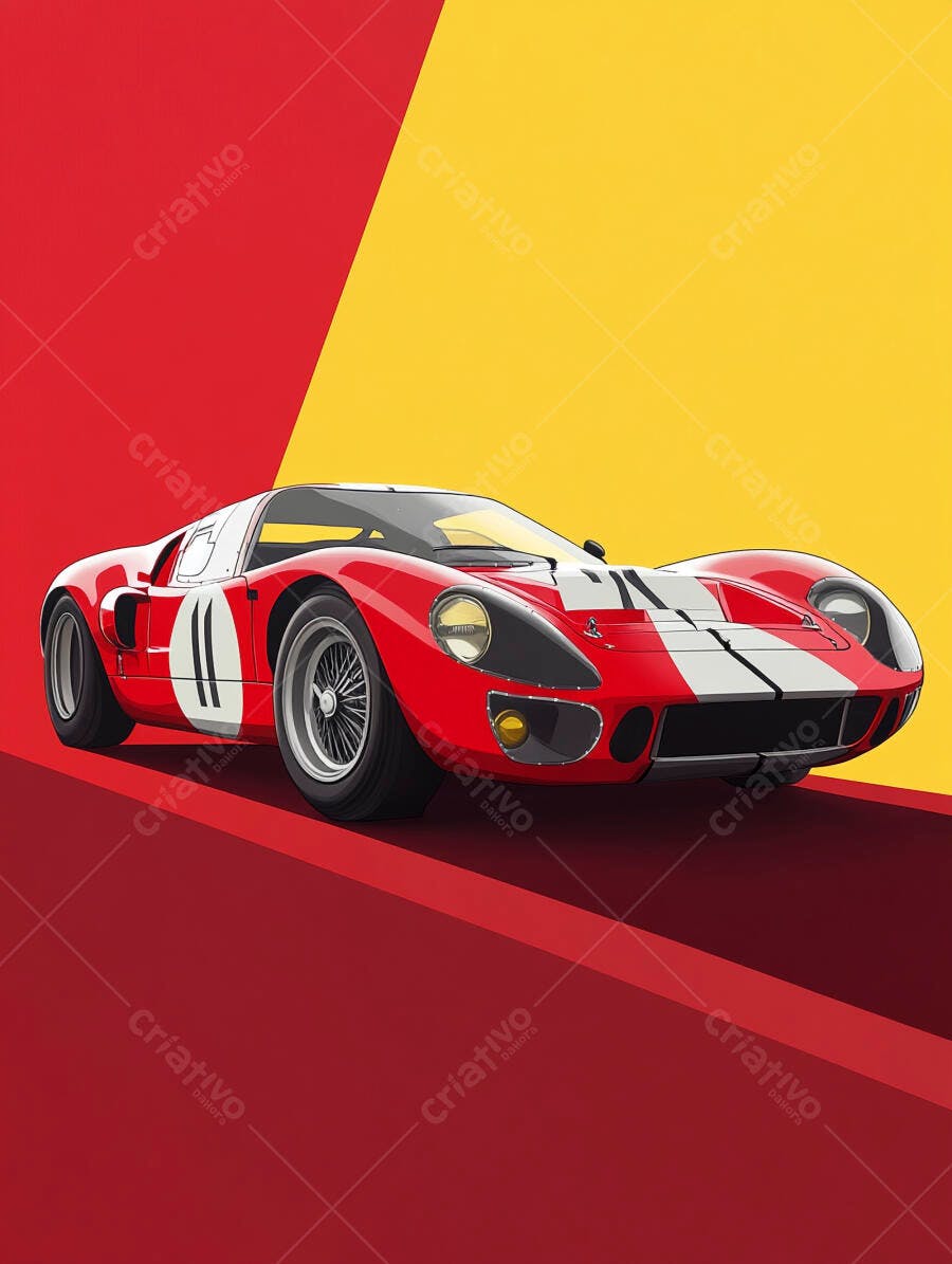 Carro esportivo clássico vermelho com listras brancas em fundo dinâmico