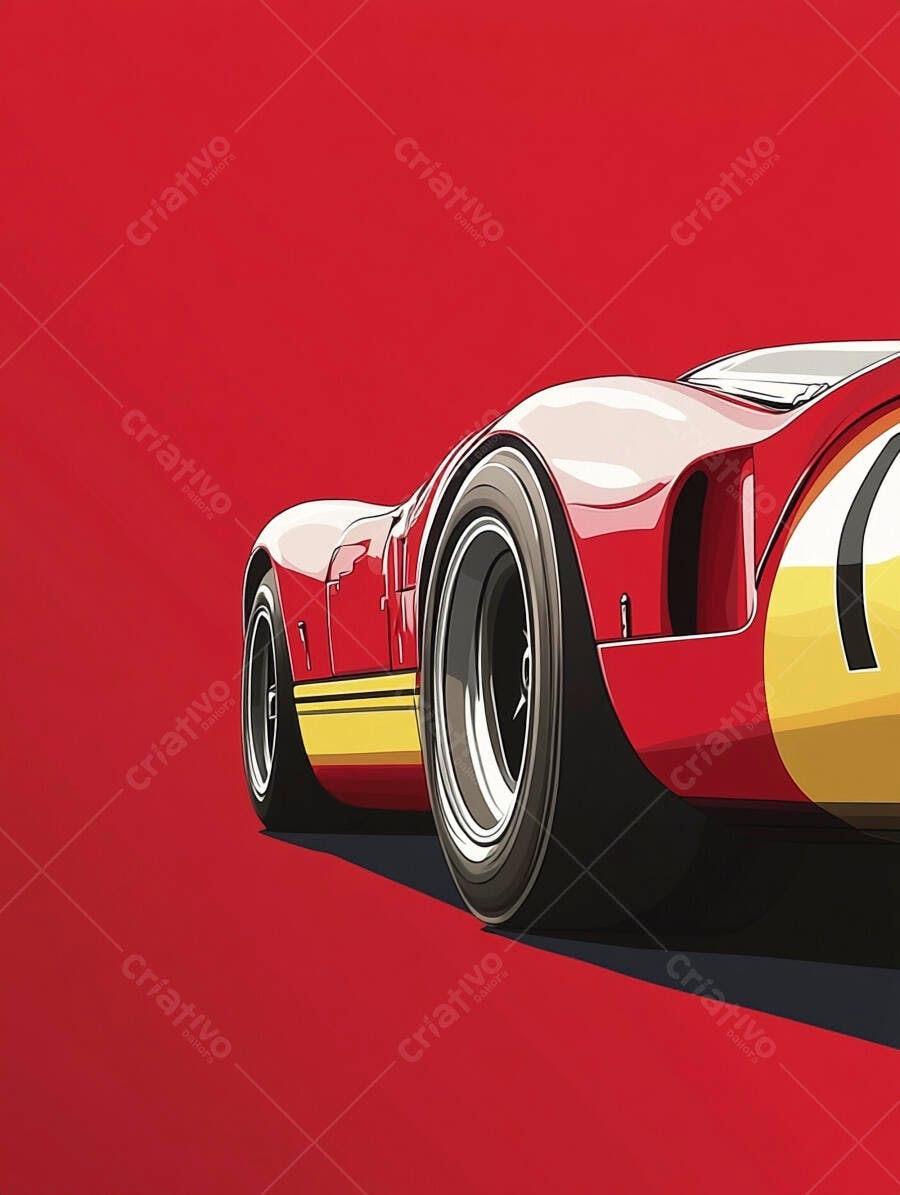Carro de corrida vintage vermelho com faixas amarelas em fundo vibrante