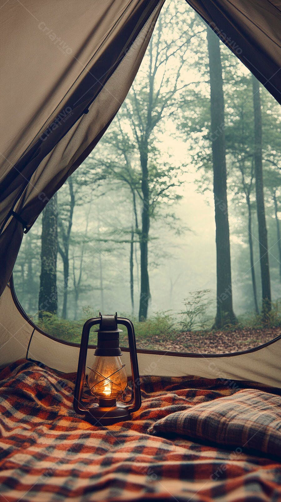 Vista da floresta com neblina de dentro de barraca com lanterna e manta xadrez
