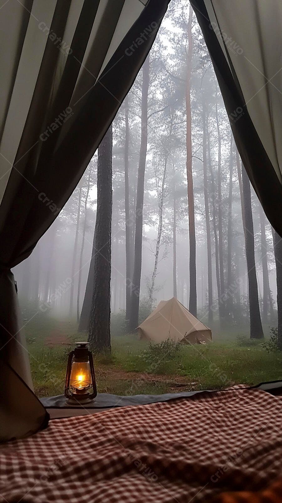 Tenda de camping na floresta enevoada com luz de lampião aconchegante