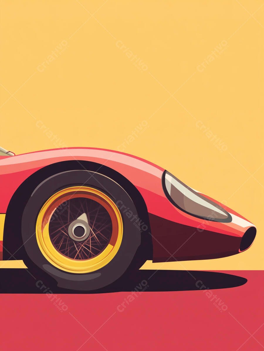 Carro esportivo vermelho com rodas douradas design vintage em fundo minimalista