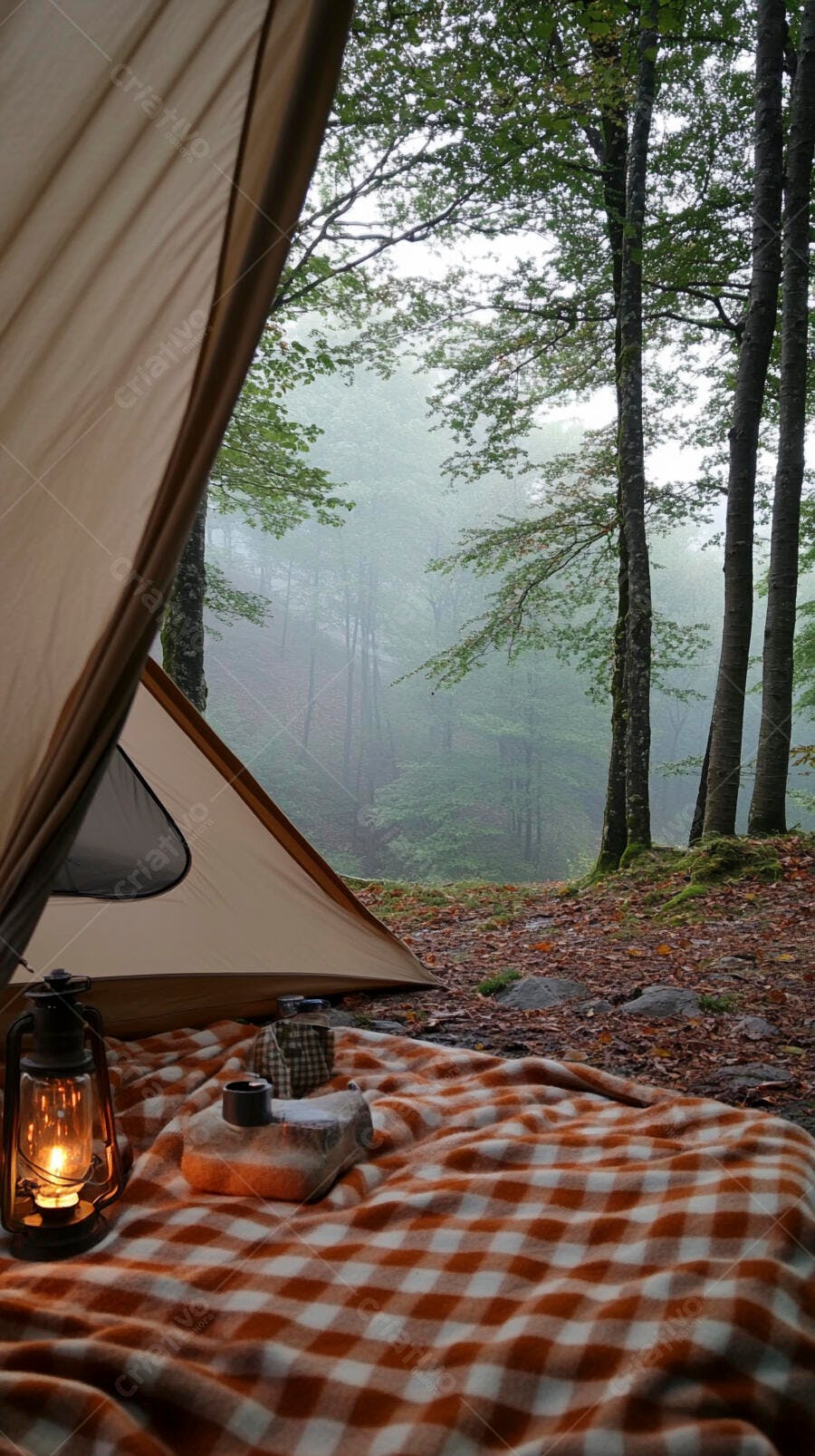 Acampamento na floresta com neblina manta xadrez e lanterna aconchegante