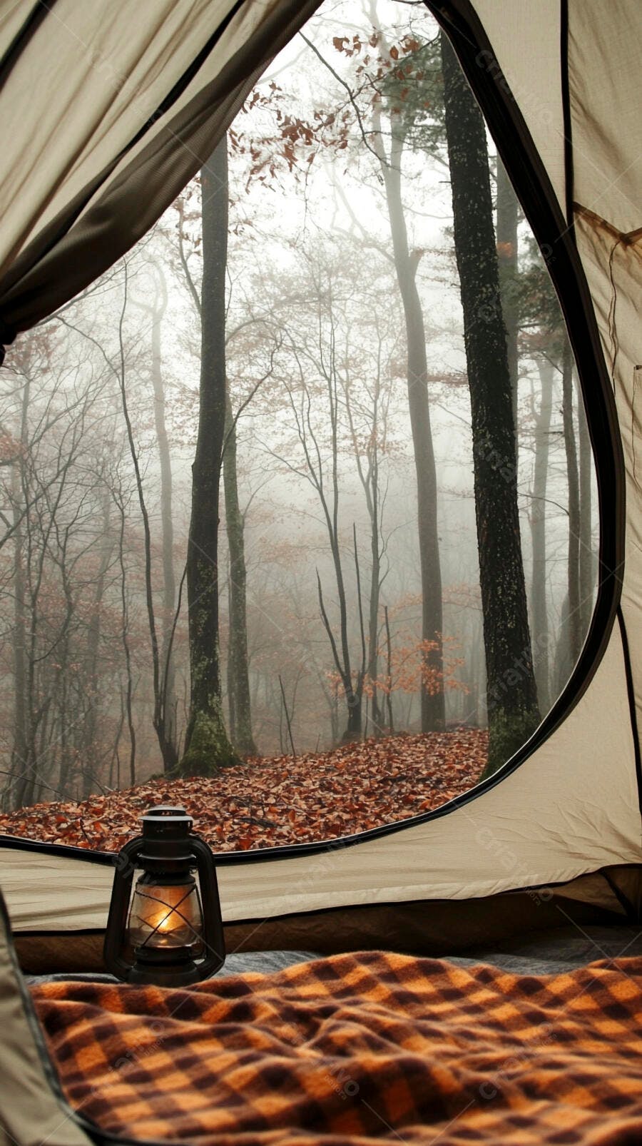Acampamento aconchegante floresta de outono nebulosa vista da barraca com lanterna