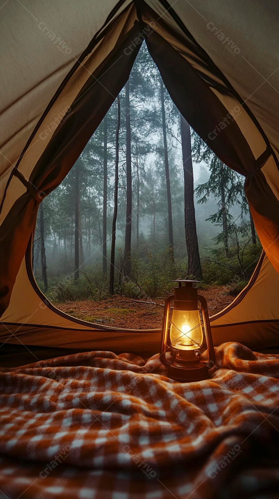 Interior de tenda com lanterna acesa e floresta nebulosa ao amanhecer