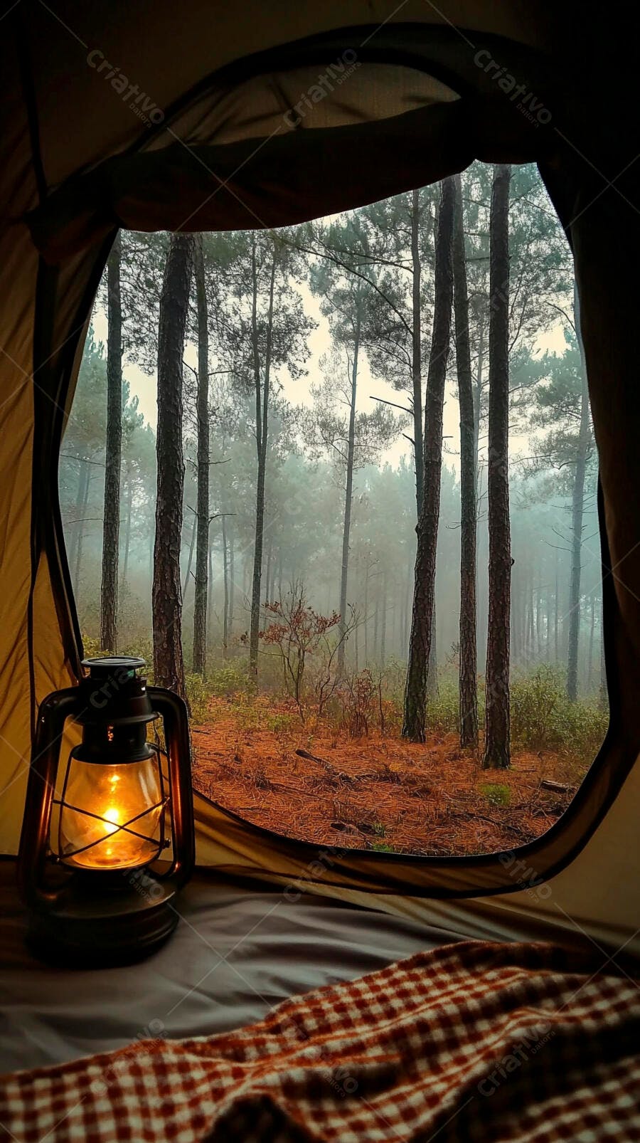 Vista da floresta enevoada de dentro da barraca com lanterna e cobertor