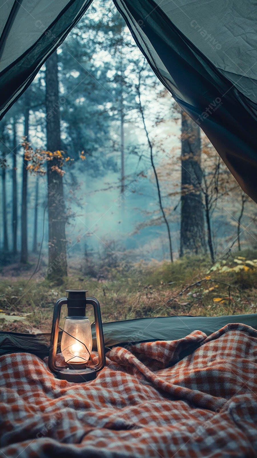 Acampamento na floresta nebulosa com manta xadrez e lanterna aconchegante