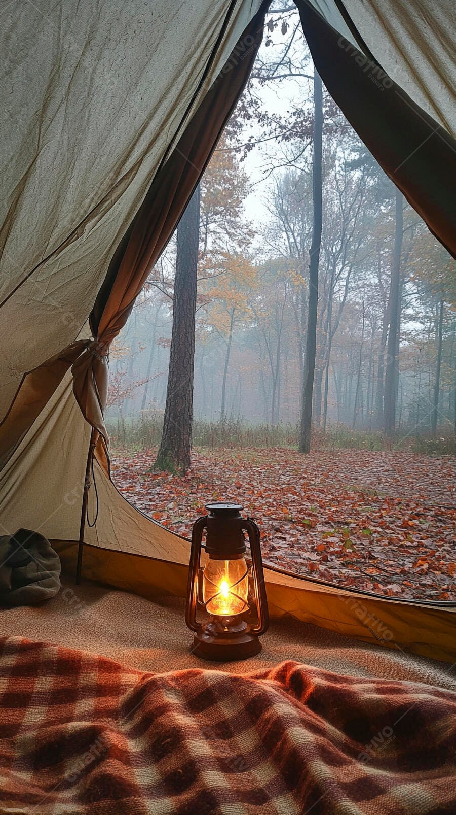 Tenda com vista para floresta de outono nebulosa e lanterna acesa