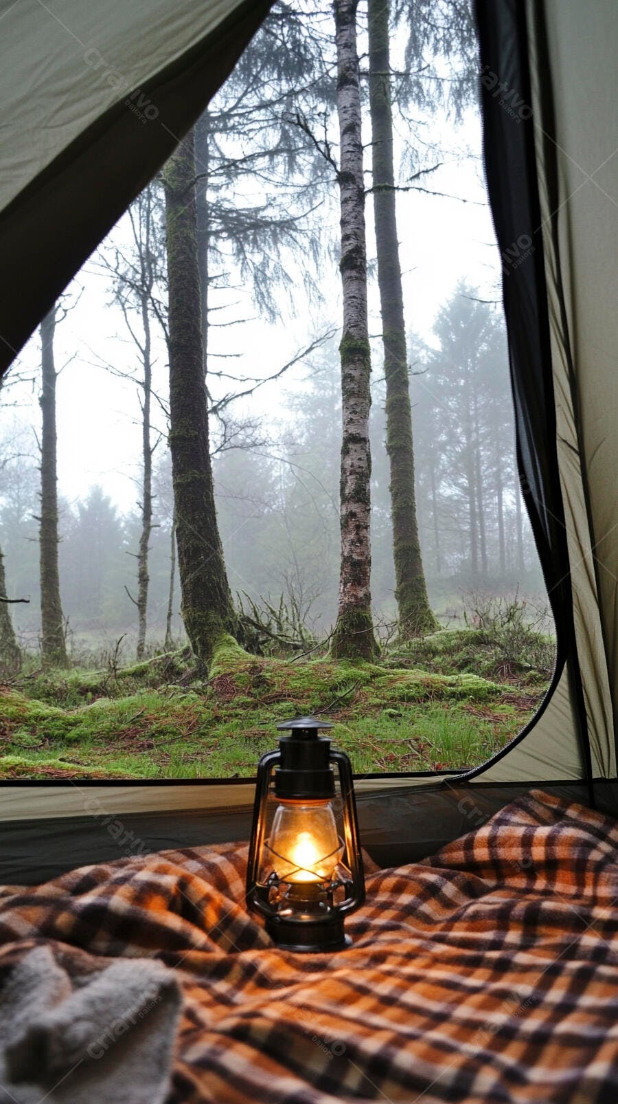 Barraca de camping com lanterna acesa e manta xadrez em floresta nebulosa