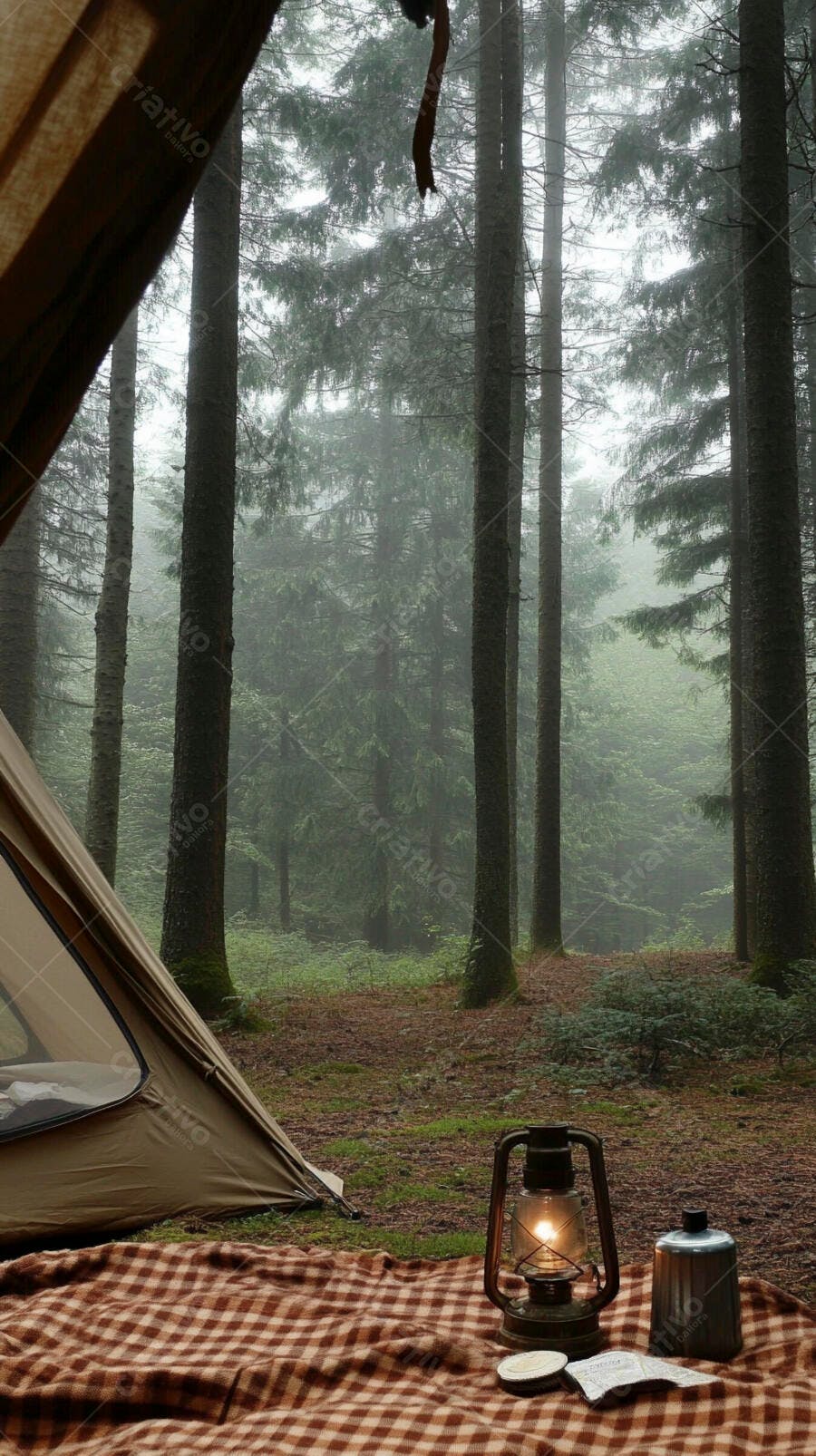 Acampamento na floresta nebulosa com barraca e lanterna acesa na manhã