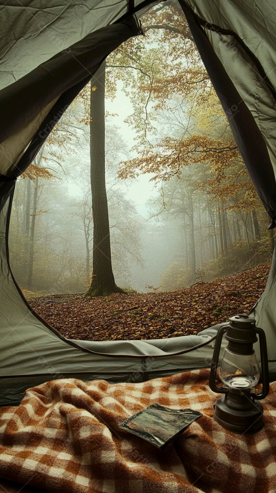Vista de barraca aconchegante em floresta outonal com neblina e folhas caídas