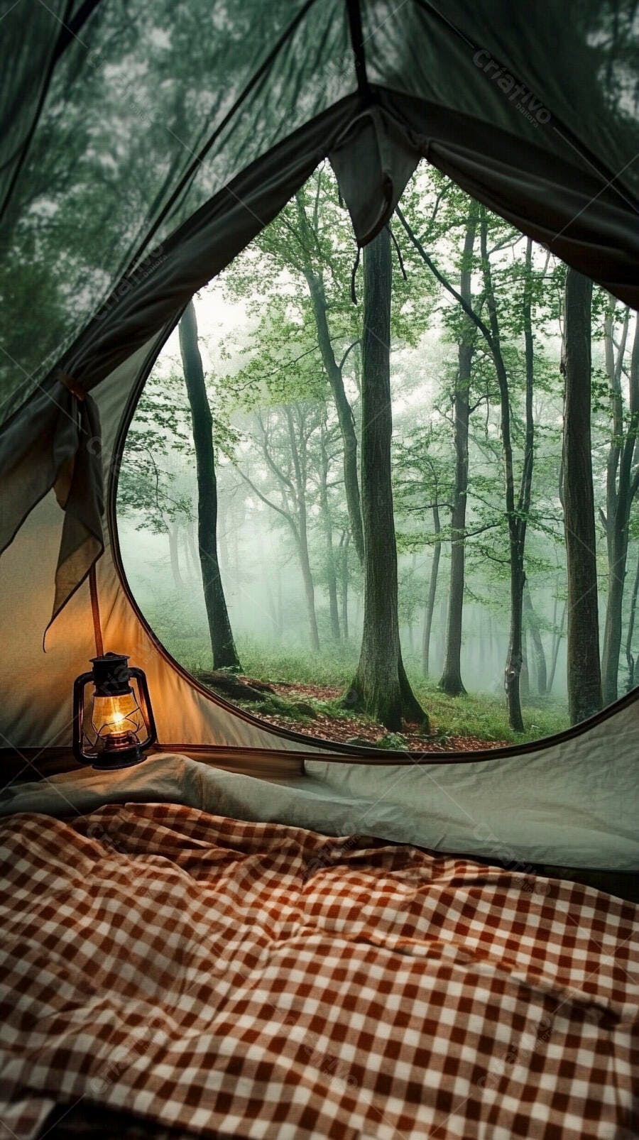 Tenda aconchegante com lanterna em floresta nebulosa ao amanhecer