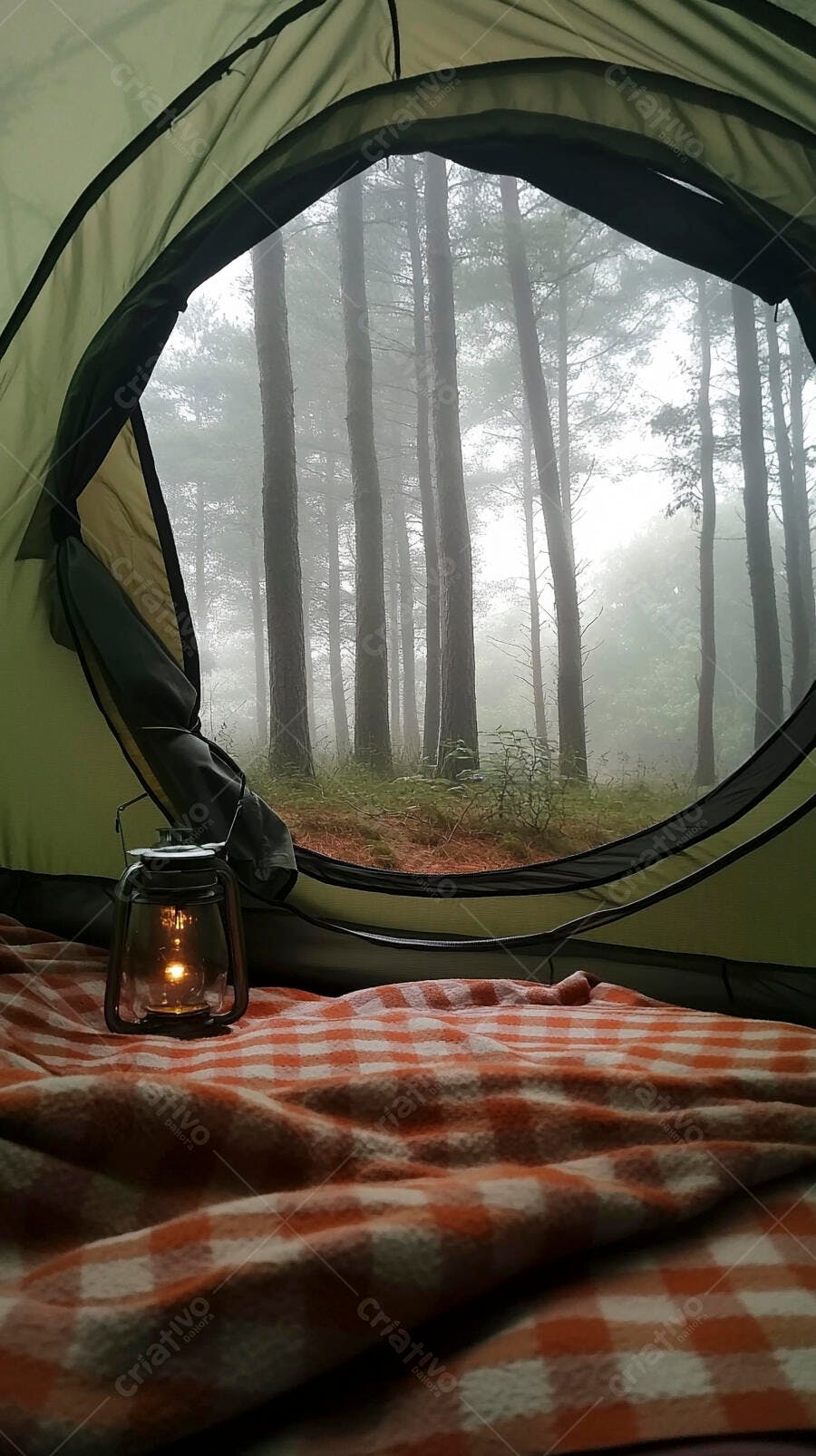 Barraca de camping com vista para floresta nebulosa e lanterna acesa