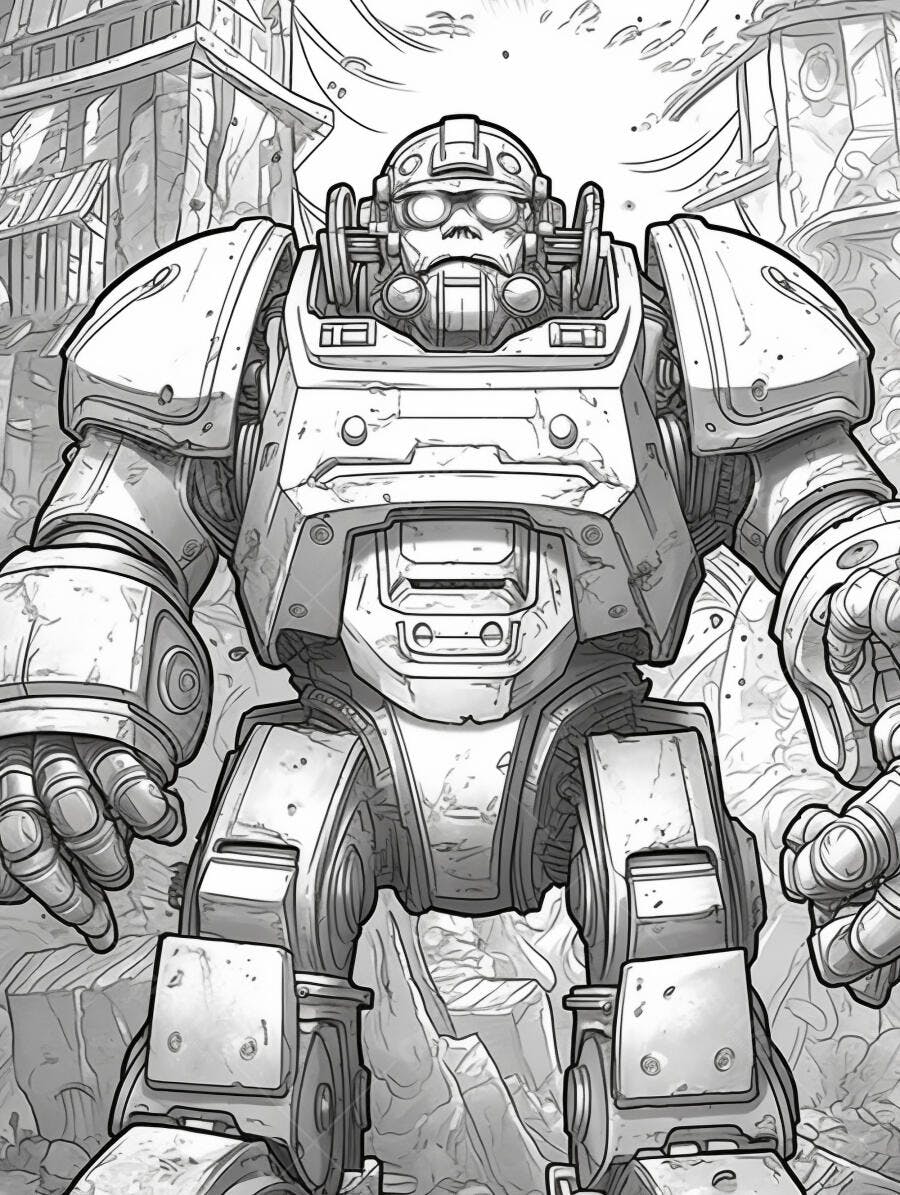 Robô gigante blindado em cidade distópica monocromática ilustração sci-fi