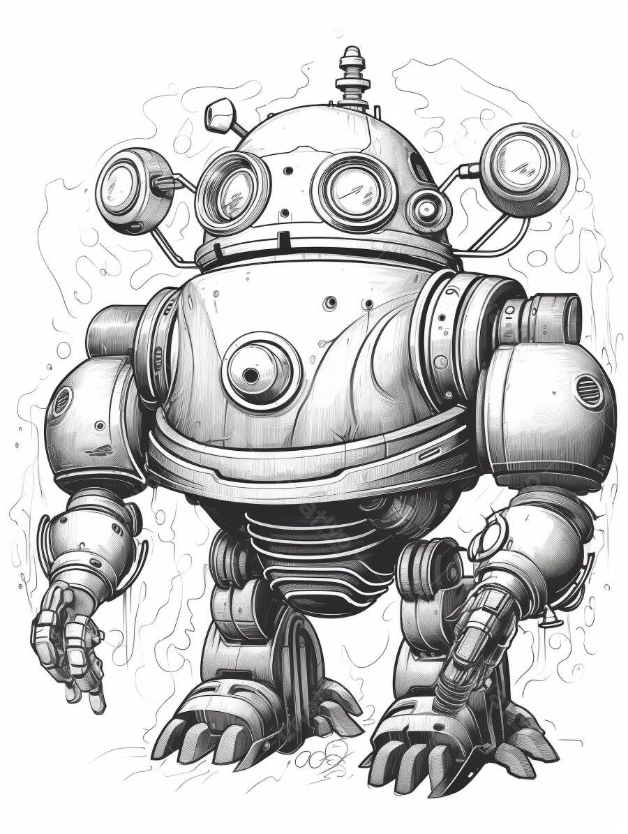 Robô retro futurista em ilustração preto e branco estilo vintage