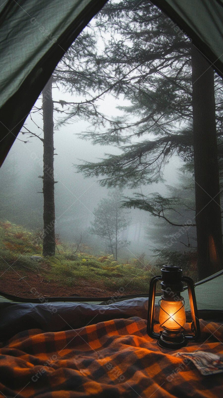 Tenda aconchegante com lanterna em floresta nebulosa ao amanhecer