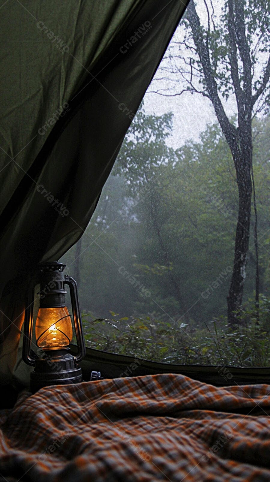 Tenda acampamento com lampião aceso e cobertor xadrez em floresta chuvosa