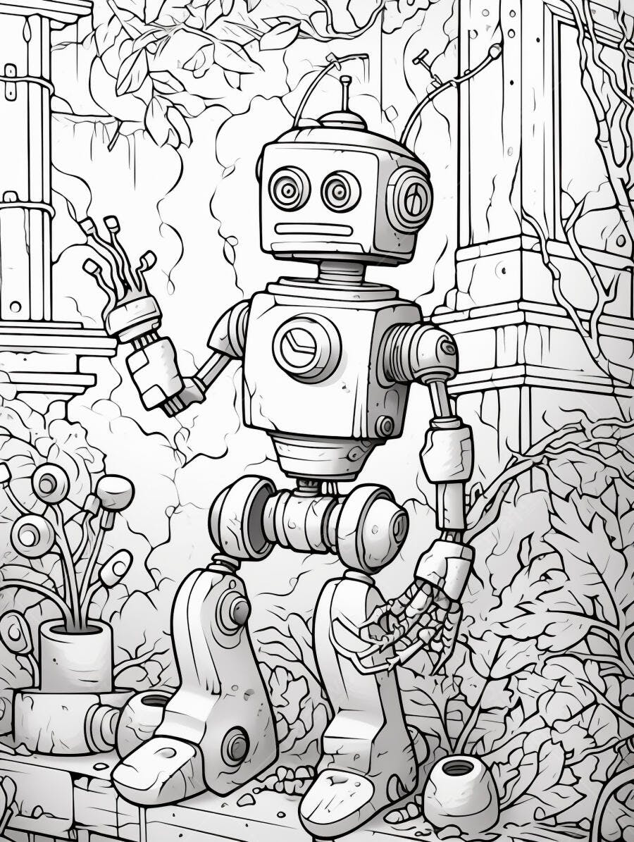 Robô divertido em ruínas antigas e plantas para livro de colorir