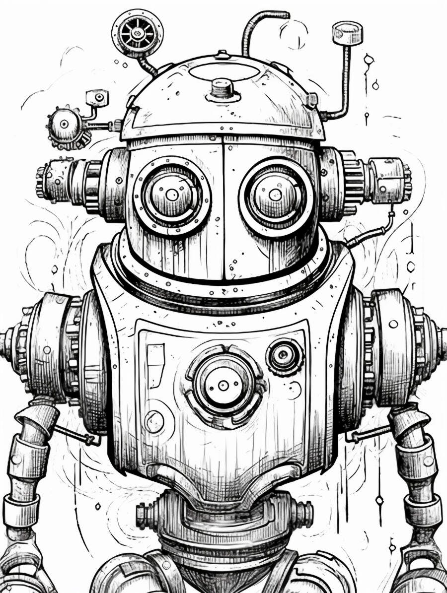 Robô vintage steampunk desenho em preto e branco com detalhes mecânicos
