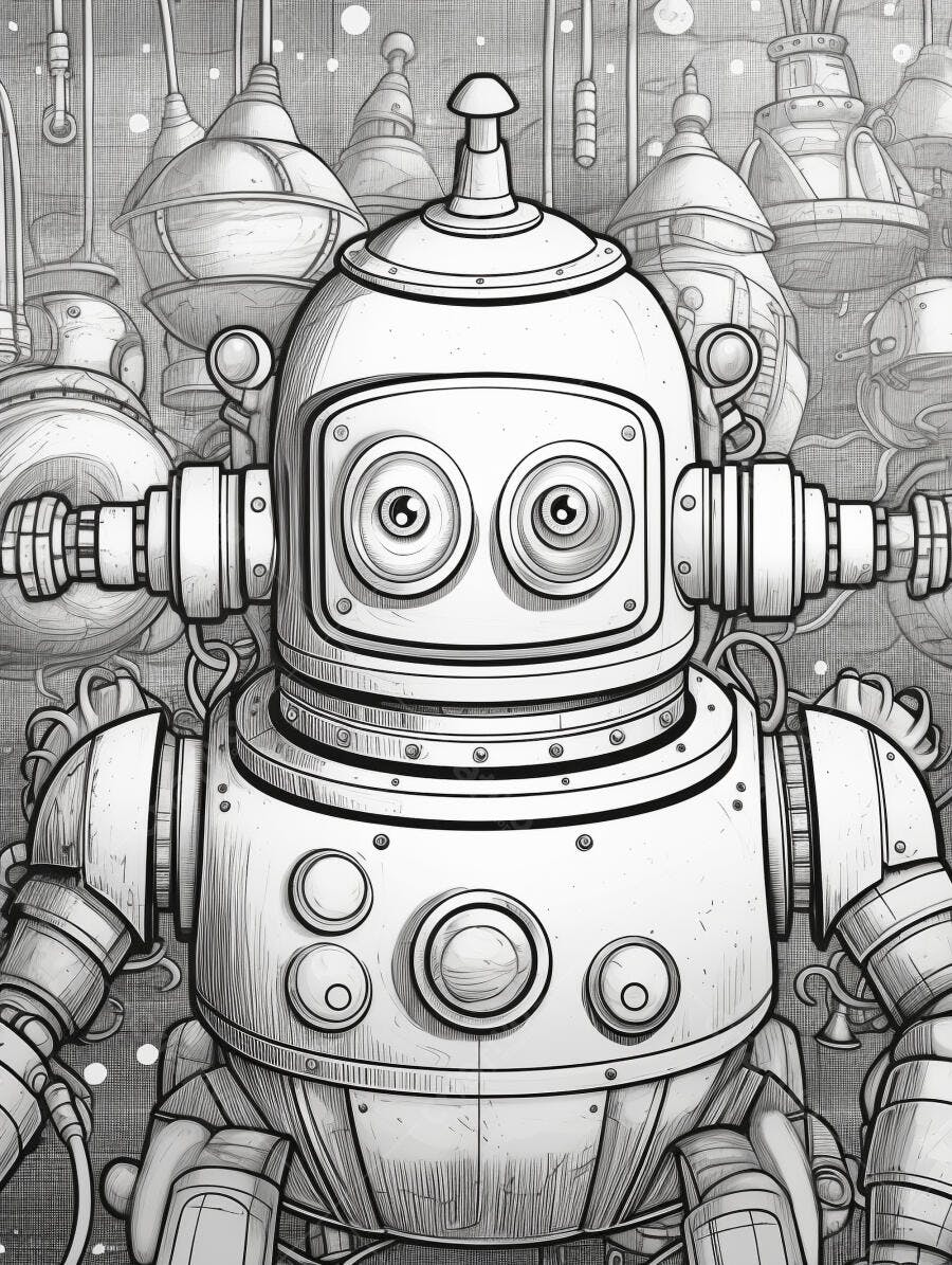 Robô vintage detalhado em estilo ilustração monocromática industrial