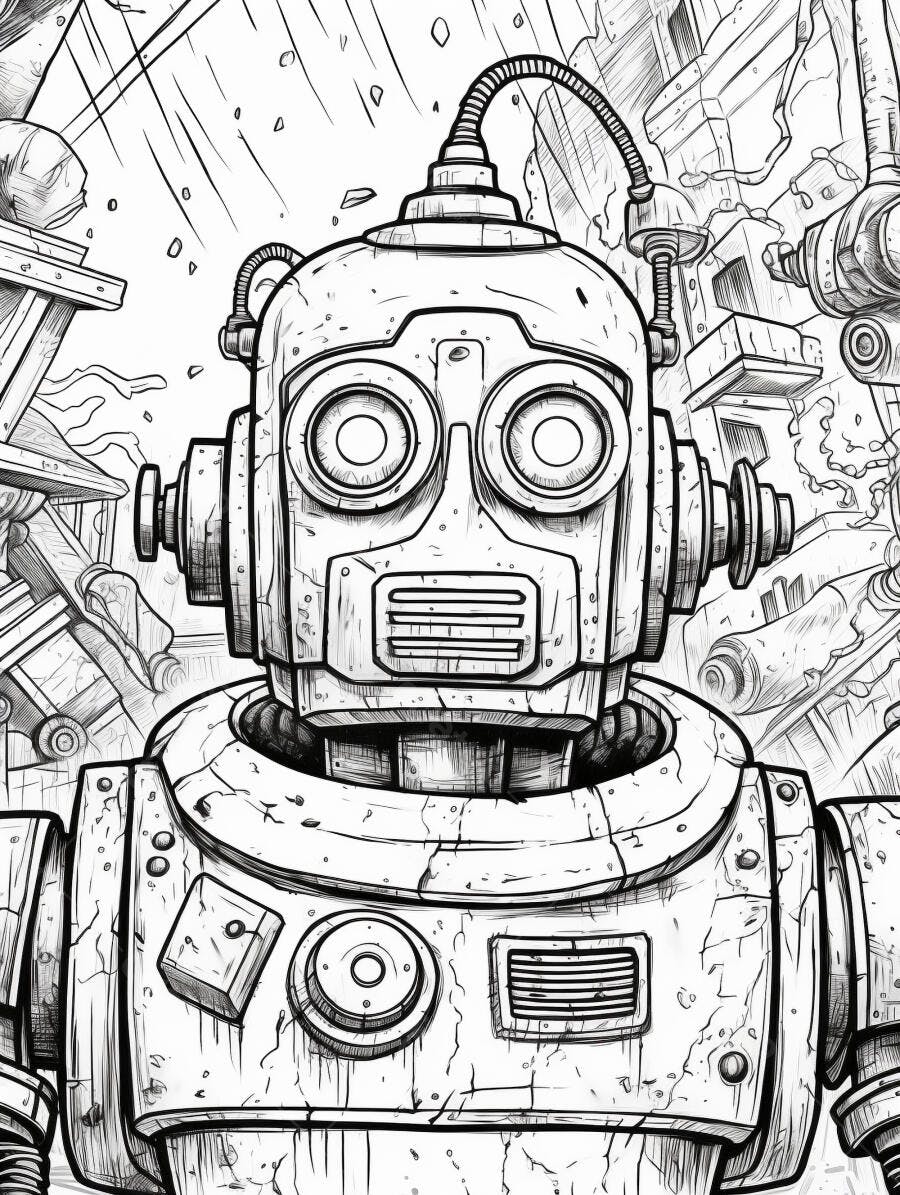 Robô vintage desenho de linha em estilo retro futurista ilustração