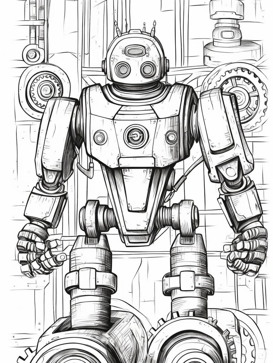 Robô estilo vintage em oficina mecânica desenho preto e branco