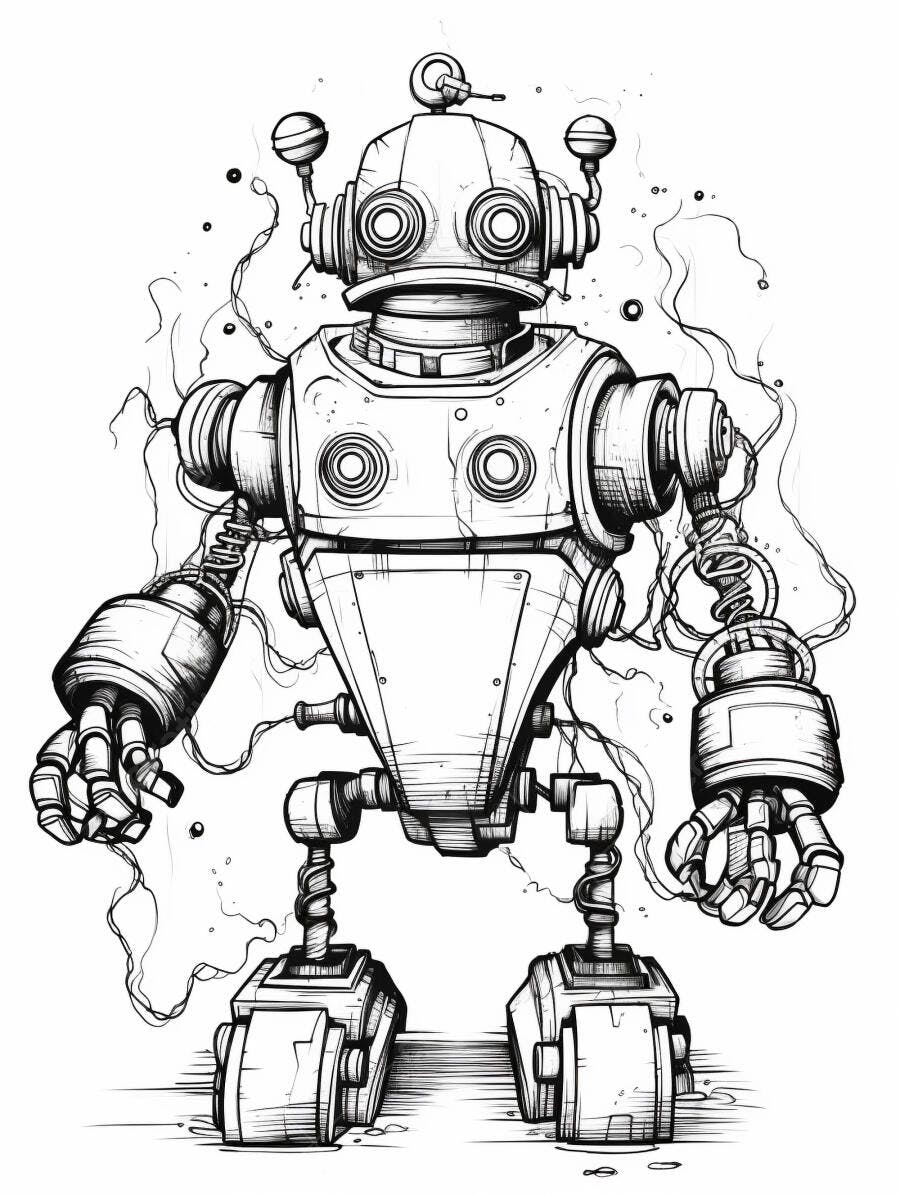 Robô vintage desenho animado em preto e branco com fios e antenas