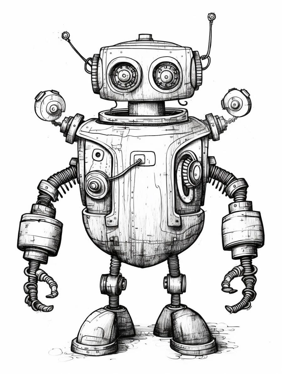Robô vintage desenho sketch com olhos grandes e antenas em preto e branco