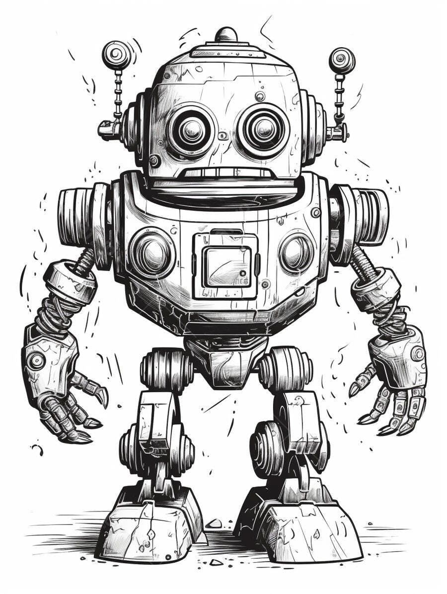 Robô vintage desenhado em preto e branco com detalhes mecânicos