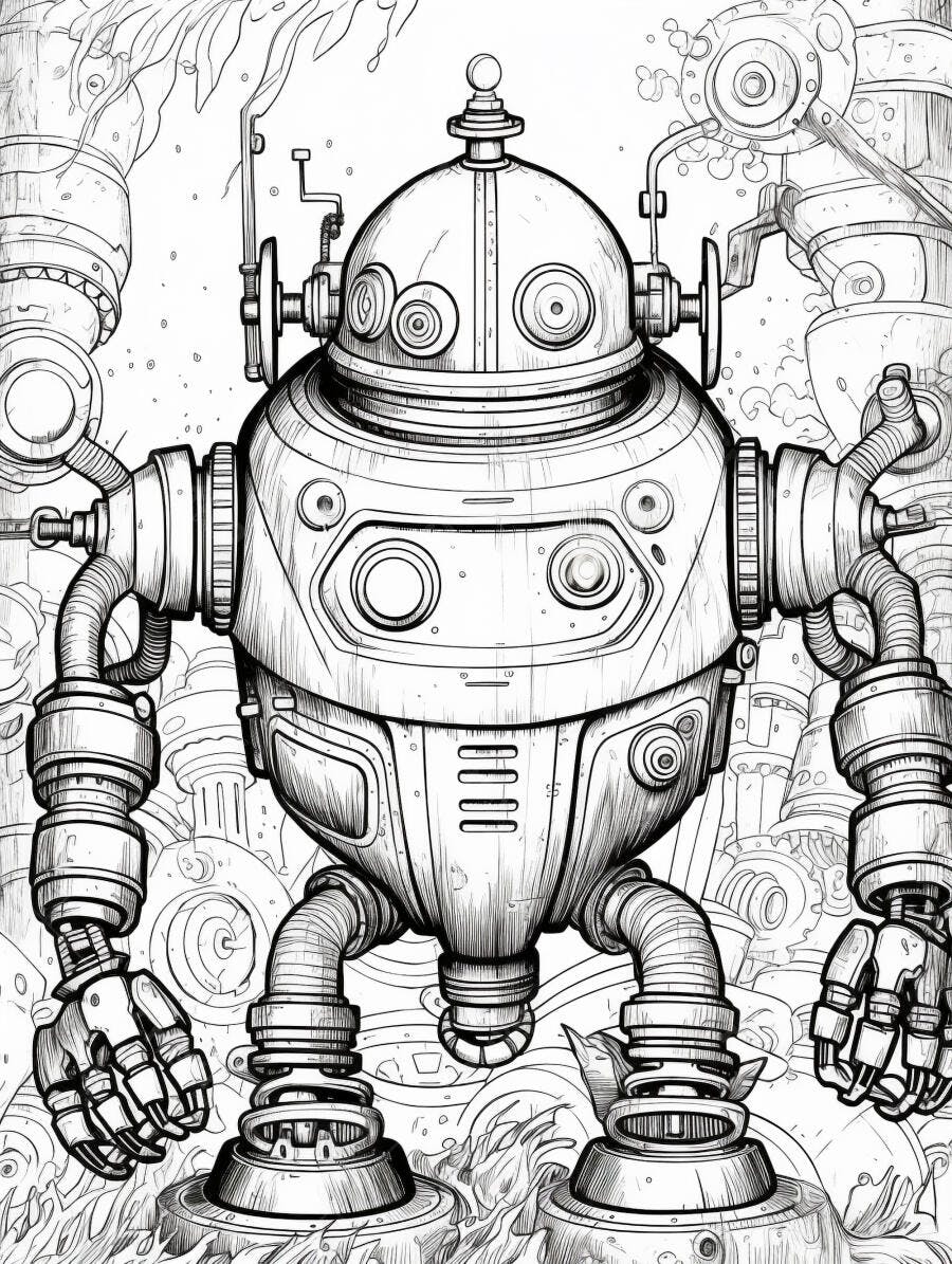 Robô steampunk linha arte em cenário industrial intrincado desenho para colorir