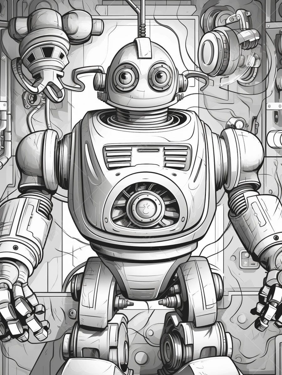 Robô estilo cartoon cinza em oficina futurista