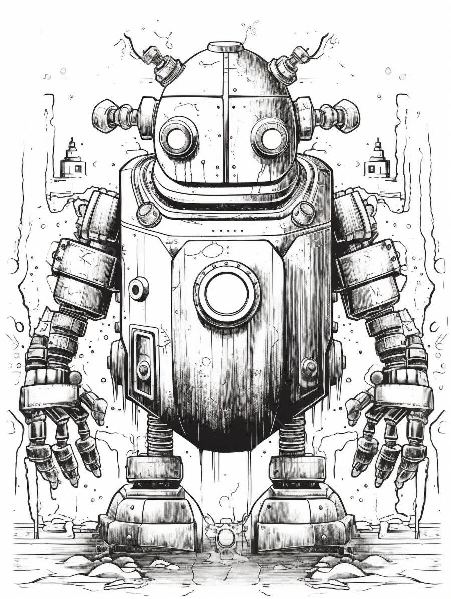 Robô vintage industrial em desenho preto e branco para ficção científica