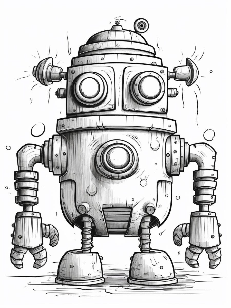 Robô vintage preto e branco estilo desenho animado com detalhes mecânicos