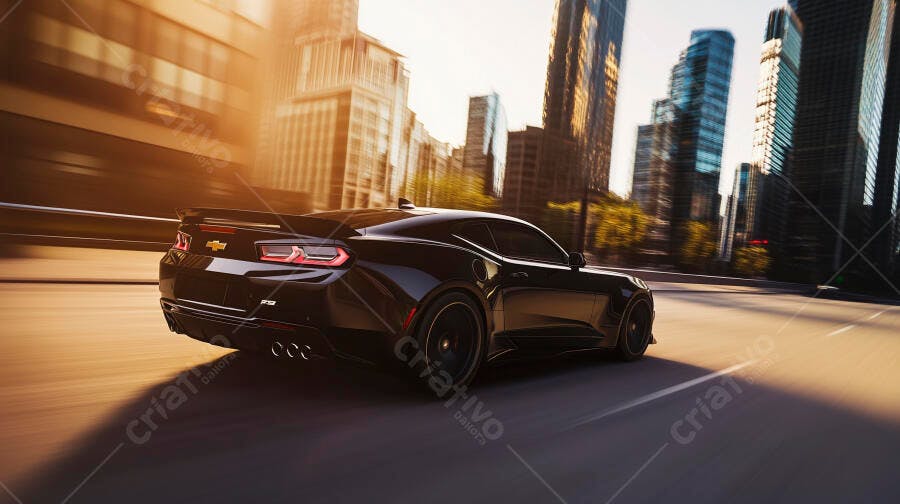 Chevrolet Camaro preto em movimento rápido na rua urbana ao entardecer ensolarado