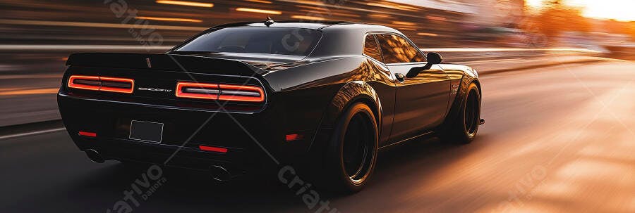 Muscle car preto veloz em estrada urbana ao pôr do sol